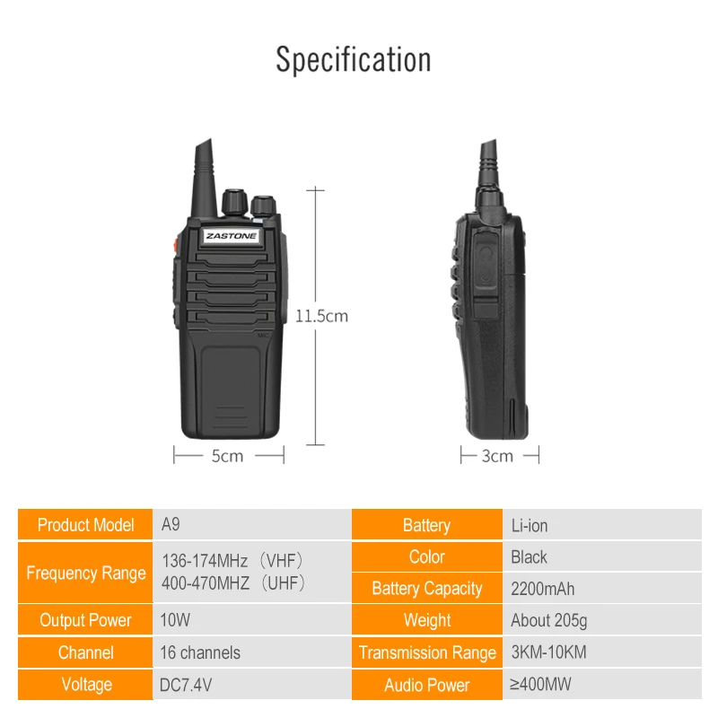 (2pcs) Zastone A9 10W Walkie Talkie 3-5km UHF/VHF Radio Handheld Police Equipment Two Way CB comunicador telsiz | Мобильные телефоны