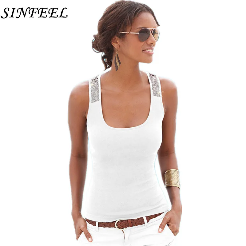 

Summer Tank Tops Women Sleeveless Square Neck Bodycon T Shirt Ladies Vest Singlets Sequined White Black Tops Exercise T-Shirts