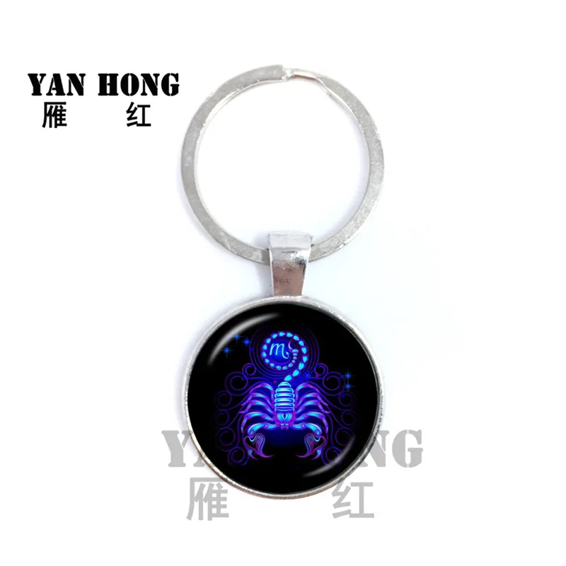 

12 Constellation Jewelry Key Chains Zodiac Signs Keychain Key Rings Bag Car Round Glass Cabochon Pendant Man Woman Gift