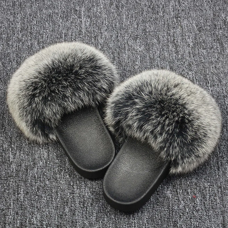 Real fox Fur Slippers Women Home Fluffy Sliders Comfort Furry Summer Flats Sweet Ladies Shoes Female Indoor Flip Flops|Женские