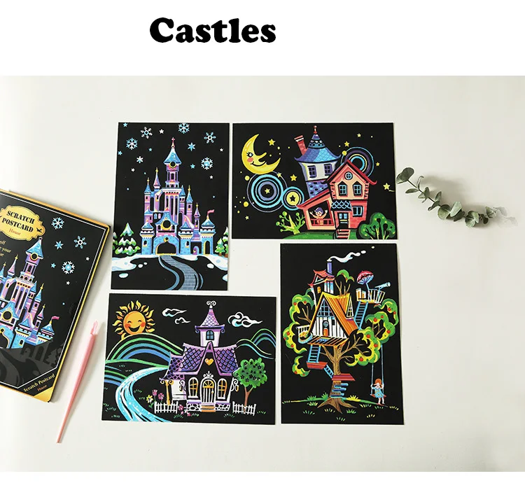 

4pcs Children Scratch Painting Postcard DIY Toy Kids Scraping Pictures Fairy Tales Animals Kindergarten Craft Toy 14x20cm