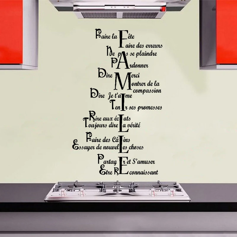 

French family motto Sticker Restaurant Kitchen Removable Vinyl Wall Stickers DIY Home Decor Waterproof Wallpaper JG1544