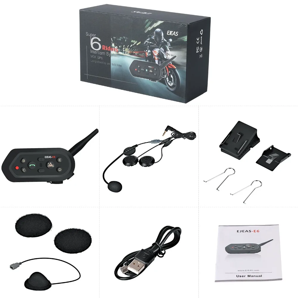 

EJEAS E6 1200m VOX Bluetooth Motorcycle Intercom Headset For KTM Moto Helmets 6 Riders Support Music MP3 Interphone Bluetooth