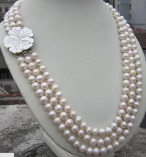 

beautiful 3 ROW 9-10 MM natural south white Pearl Necklace 17-19"