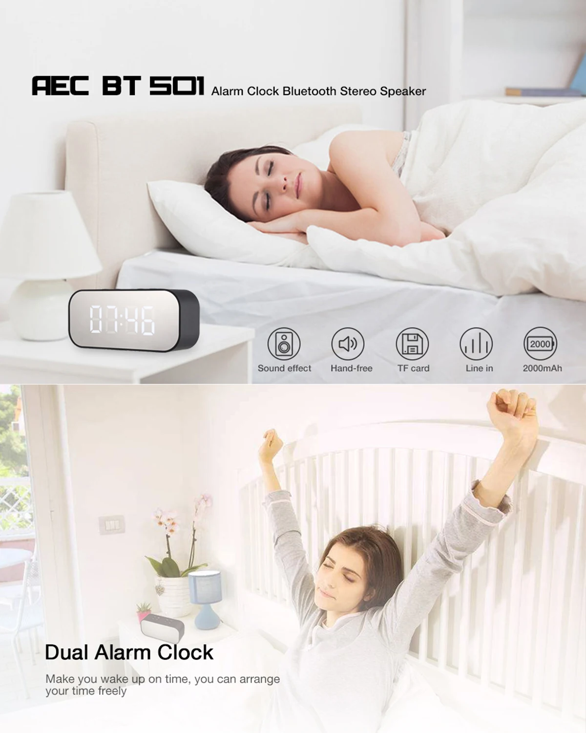 JRGK BT501 Портативный беспроводной Bluetooth динамик с будильником зеркальная Колонка