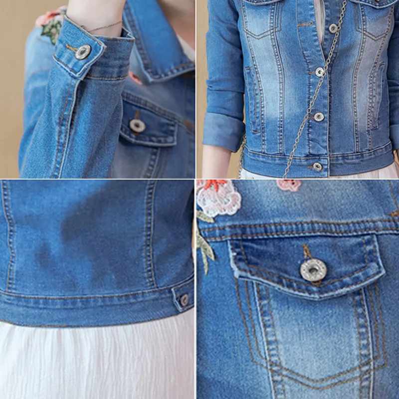Элегантный цветок Вышивка Классический Тонкий Короткие джинсы куртка Осенняя