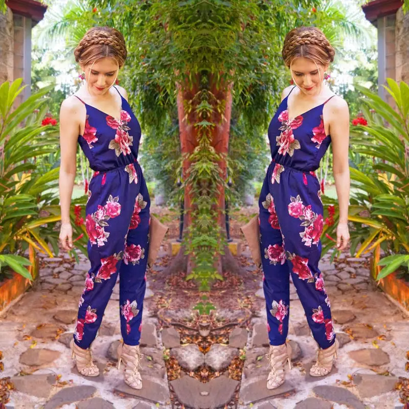 Женский Длинный комбинезон без рукавов с цветочным принтом летние длинные брюки