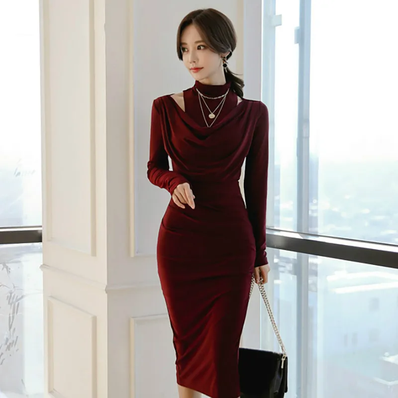 Женское винтажное платье-карандаш средней длины Бордовое платье с длинным