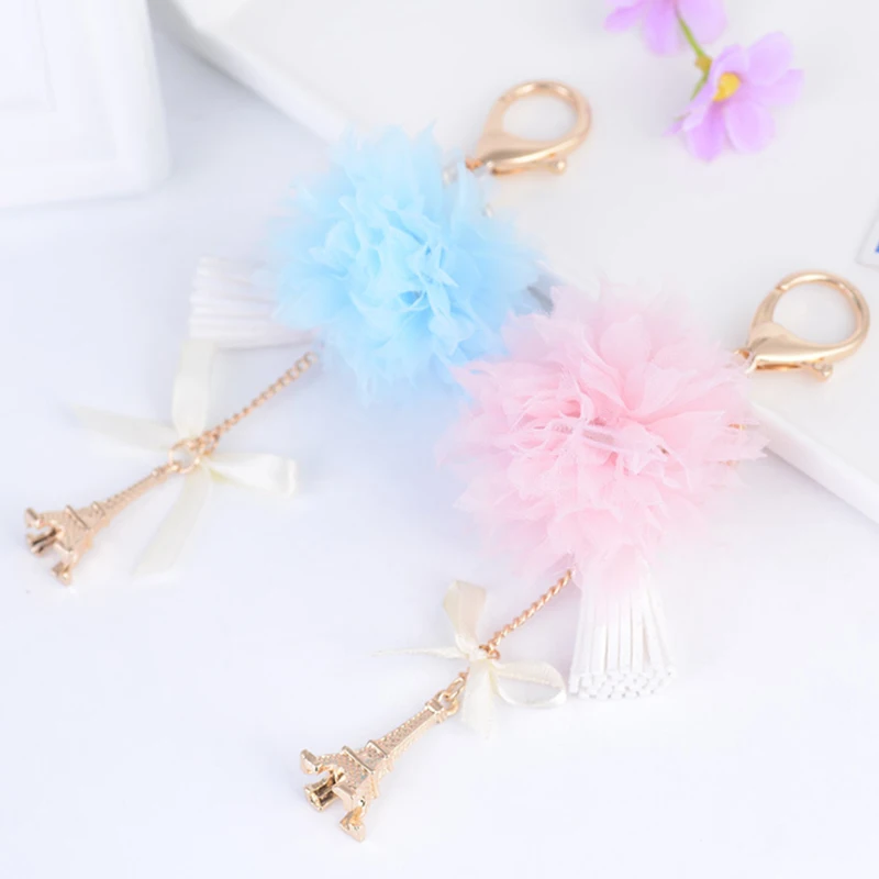 Creative Pom Lace Flower Keychain Bow Pearl Tower Pendant Leather Tassels Women Car Key Chain Ring Holder Trendy Jewelry | Украшения и