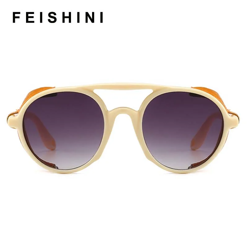 Модные круглые солнцезащитные очки FEISHINI в стиле стимпанк женские кожаные