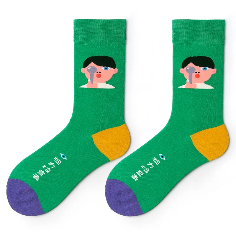 green HUI GUAN Kawaii, оригинальные удобные мужские носки, женские, с красочным принтом, милые носки, винтажные, повседневные, мягкие, все хлопковые, художественные, эластичные носки унисекс - Цвет: green