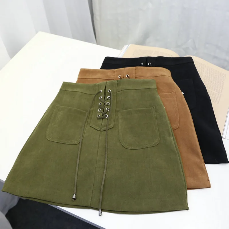 Женская кожаная замшевая юбка на шнуровке Облегающие юбки с перекрестной