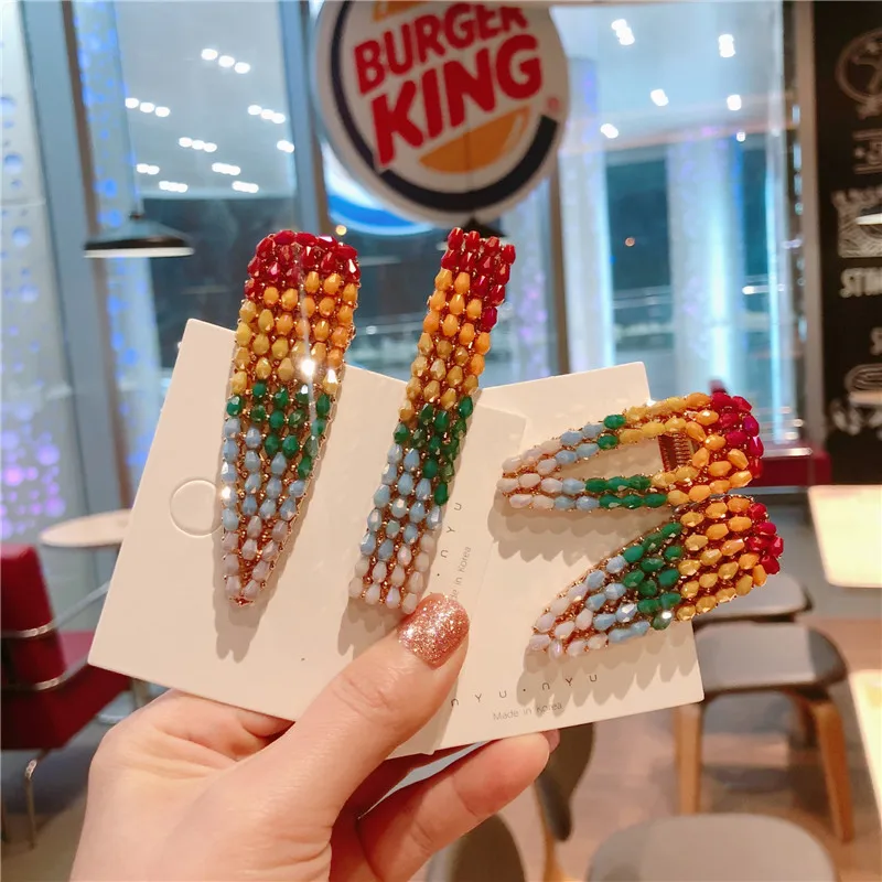 

2019 Summer Korea Colorful Crystal Geometric Long Barrettes Hair Clips For Girls Rainbow Color Hollow Drop Hairpins Hairgrips