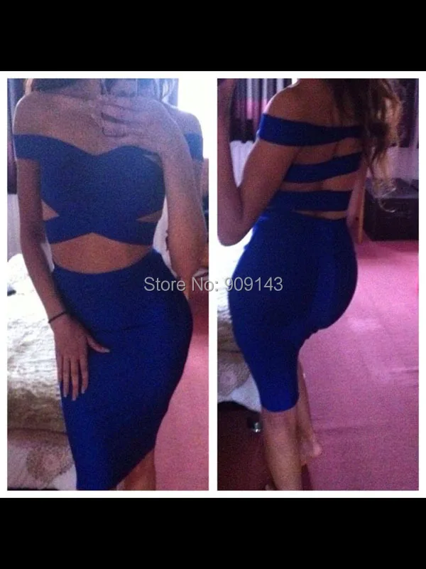two pieces wholesale HL026 new arrival blue thick rayon bandage dress high quality knee length women | Женская одежда