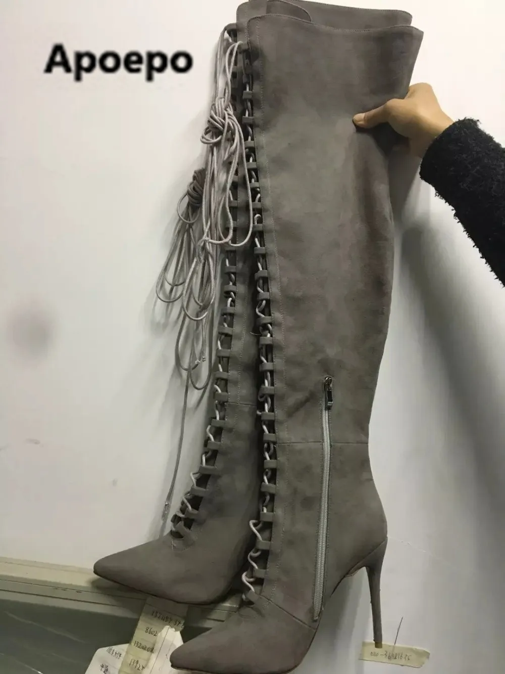 

Selling brand 2022 gray fringe women boots sexy pointed toe ladies boots fashion high heels over the knee boots women shoes