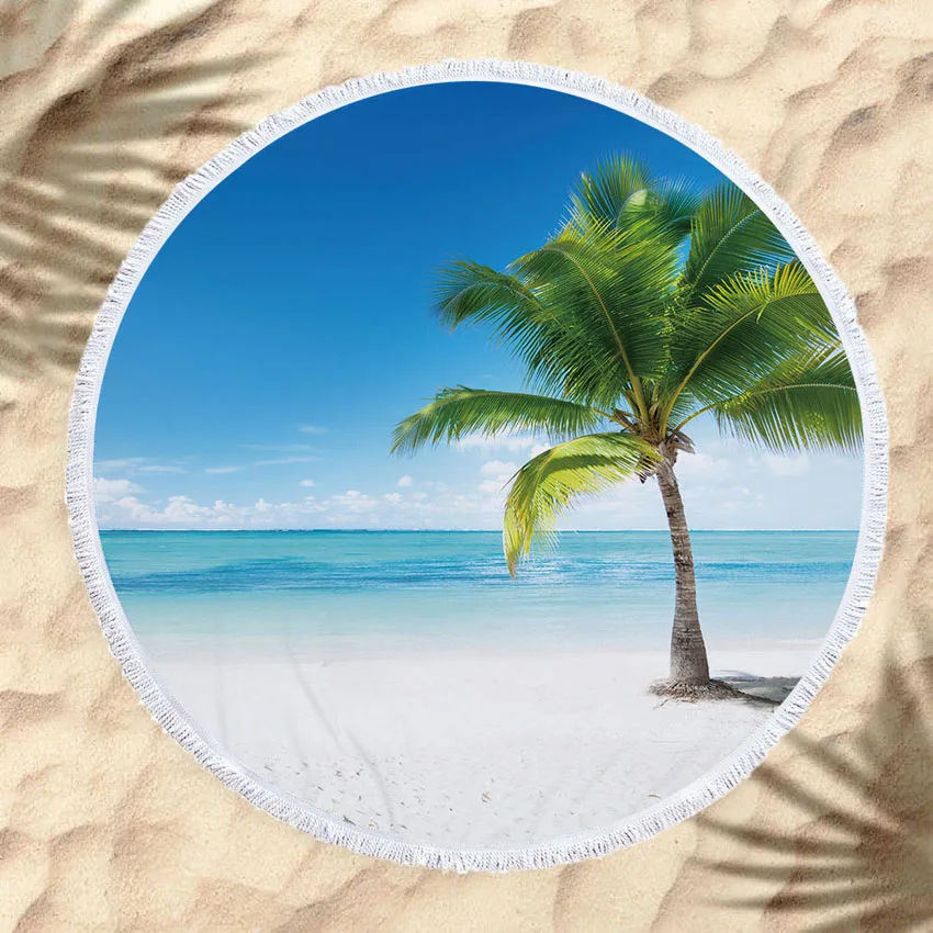 Круглое пляжное полотенце 150 см гобелен с рисунком раковины пальмы морского