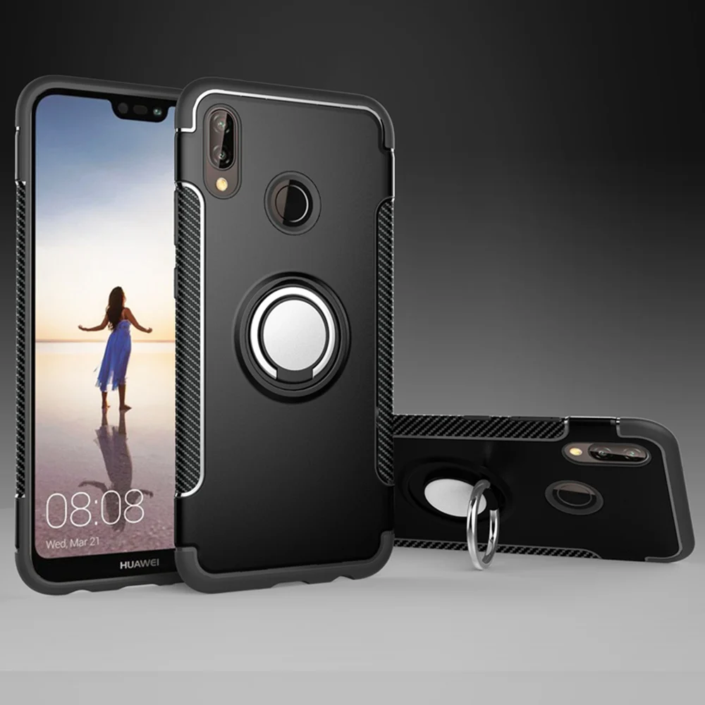Чехол для Huawei P20 Lite Pro Черный Мягкий силикон Жесткий ПК Кольцевая броня Этюд.