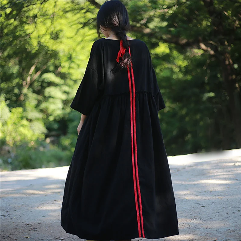 Женское длинное платье ORIGOODS Осеннее однотонное из хлопка и льна с круглым