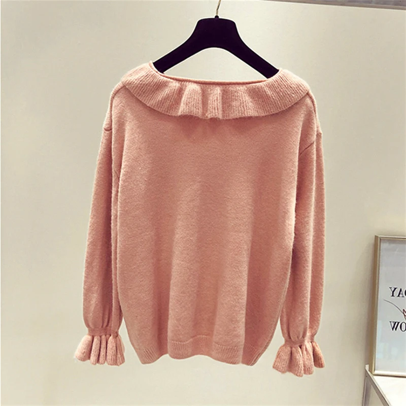 Casual Slim Sweater Women Autumn Winter Knitting Pullovers Long Flare Sleeve Ruffle Pullover Woman | Женская одежда