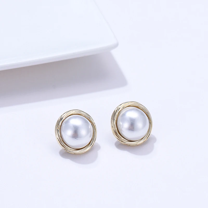 Yhpup Stylish Copper Round Geometric Stud Earrings Imitation Shell Pearls Vintage Oorbellen Female Party Jewelry S925 Brincos