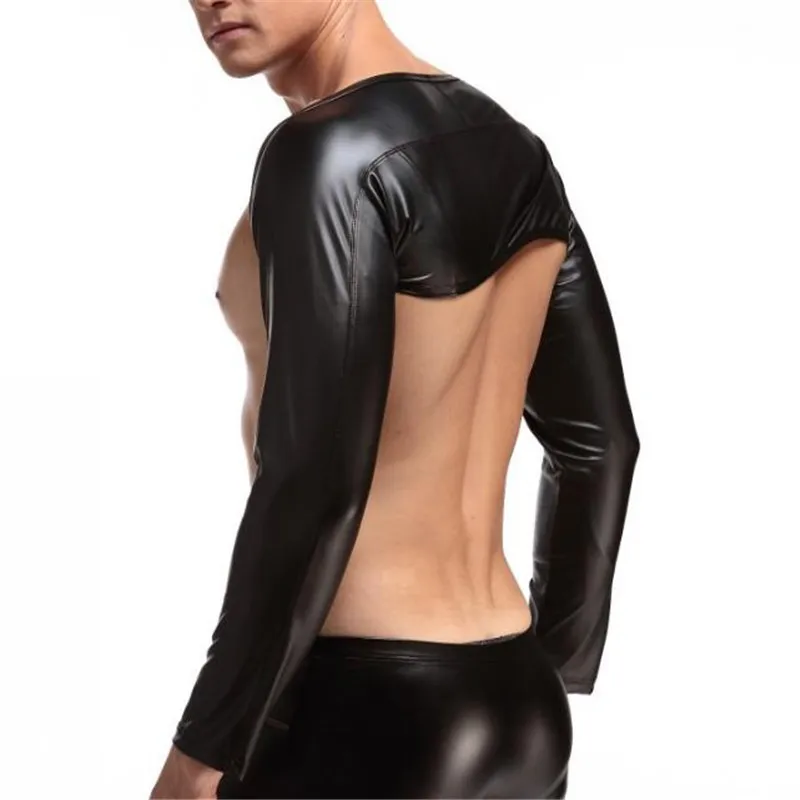 Мужская сексуальная рубашка с длинным рукавом футболки из искусственной кожи