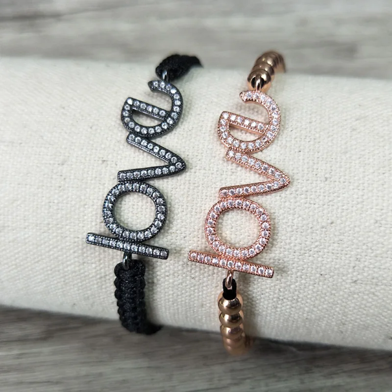 

10 Pcs Micro Pave CZ "LOVE" character Connector Charm & Round Beads Bracelet Braided Macrame handcraft Jewelry Xmas Gift BG116