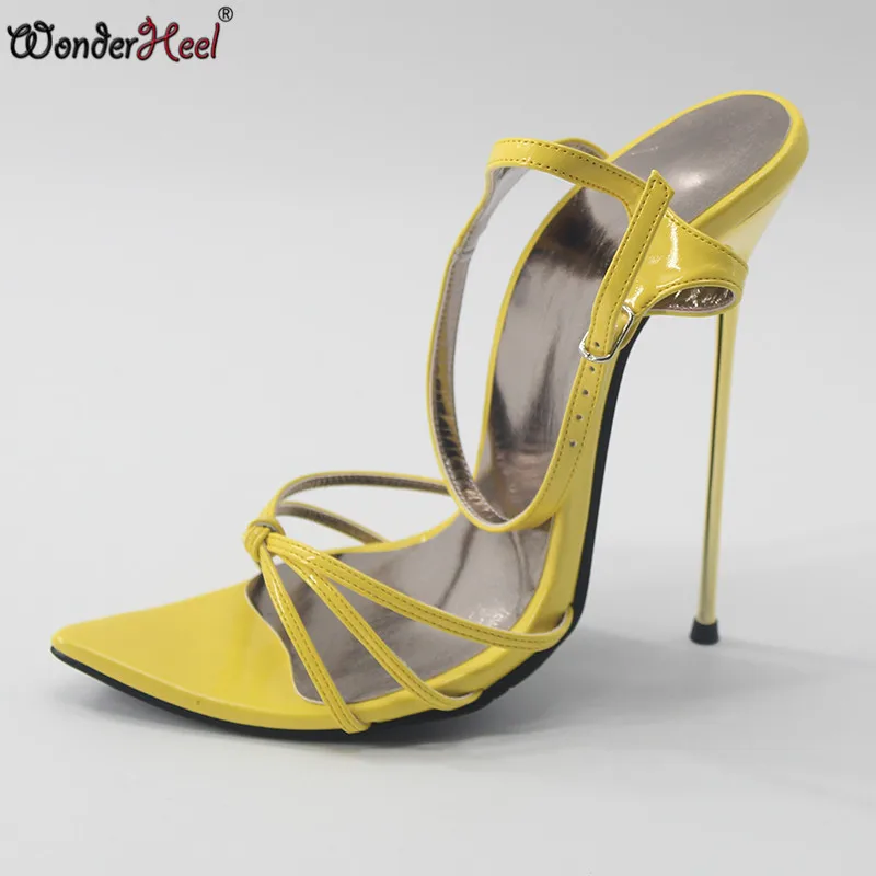 Цвет: желтый Wonderheel/Новинка; Летние пикантные женские босоножки на очень высоком каблуке 16 см с острым носком и ремешком на щиколотке; ультратонкий металлический каблук - Цвет: Цвет: желтый