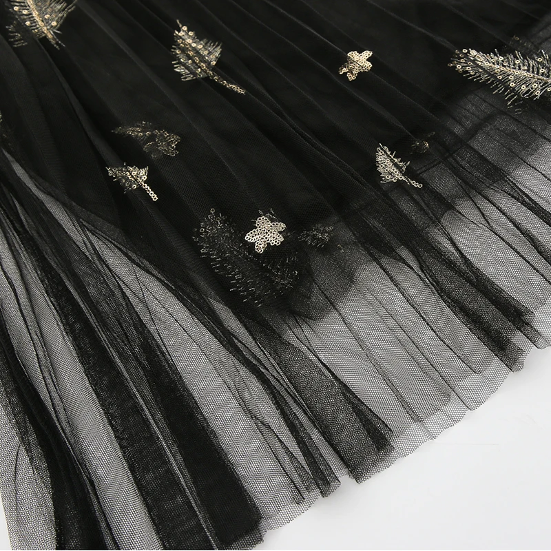 

shintimes Casual Summer Autumn Tulle Skirts Womens 2019 Wild High Waist Long Pink Long Skirt Sequin Leaves A-line Solid Skirt