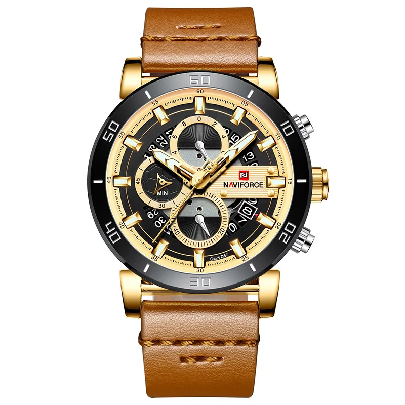 Gold Yellow NAVIFORCE Топ люксовый бренд мужские спортивные часы мужские кожаные кварцевые автоматические часы с датой армейские военные водонепроницаемые наручные часы - Цвет: Gold Yellow