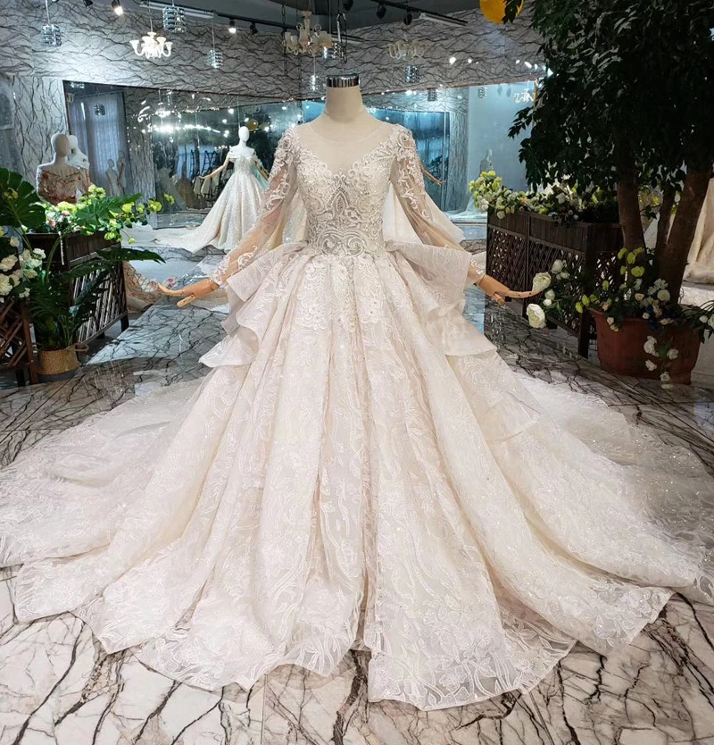Роскошные бусины бальное платье Свадебные платья оборками кружевные свадебные V