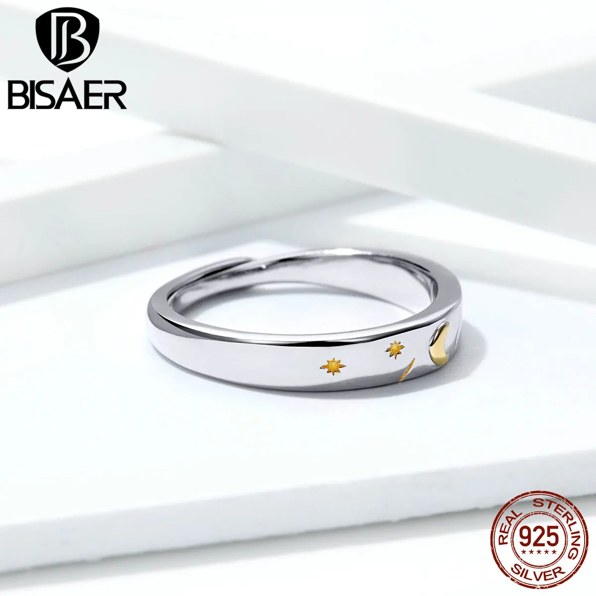 Женское кольцо BISAER с Луной и звездой, 925 пробы, серебряное, с Луной, звездная история, инкрустированные Регулируемые кольца на палец, ювелирные изделия из стерлингового серебра ECR509