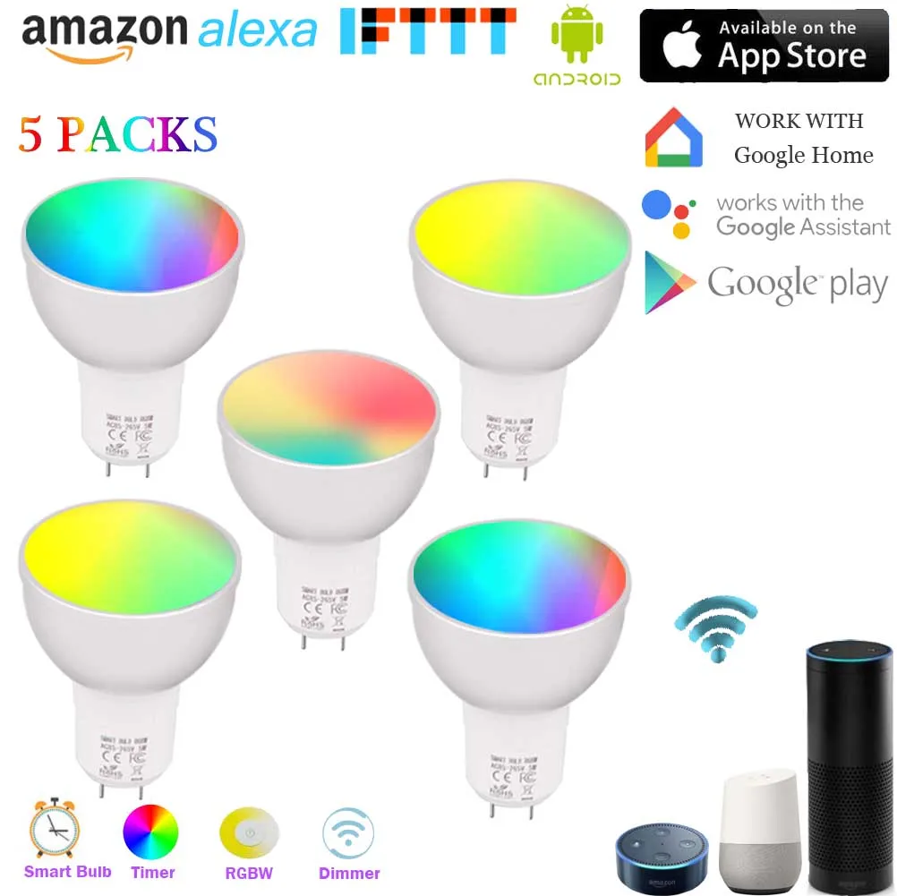 WiFi умная лампа GU5.3 RGBW 5 Вт 50 эквивалент работает с Alexa Google Home IFTTT (5 шт. в