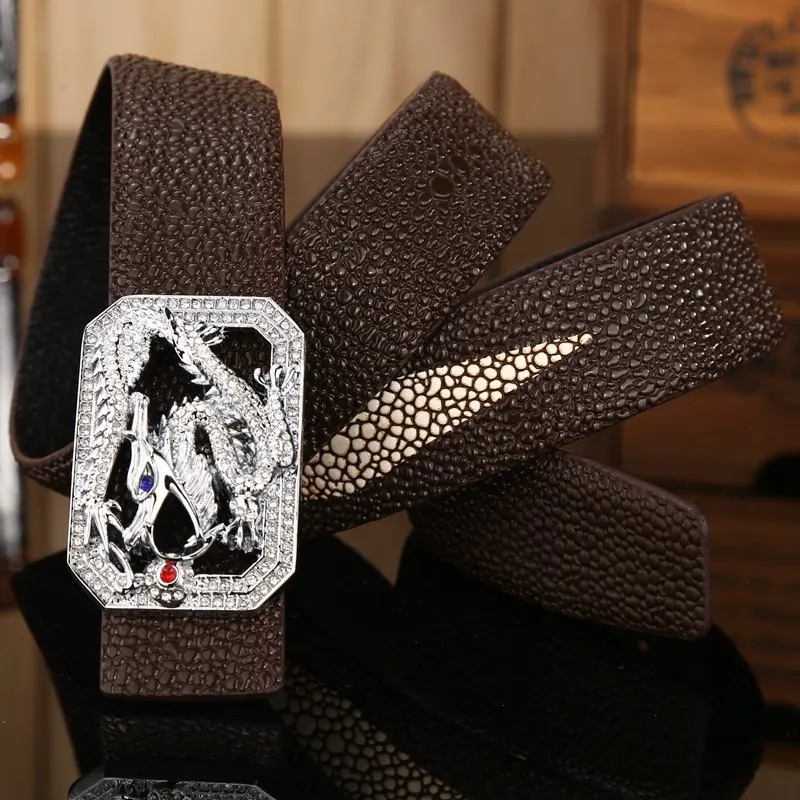 silver dragon square Роскошный мужской ремень из натуральной воловьей кожи с жемчужинами и рыбками, стиль,, дизайнерские высококачественные тонкие Стразы с драконом кофейного цвета, 105 см - Цвет: silver dragon square