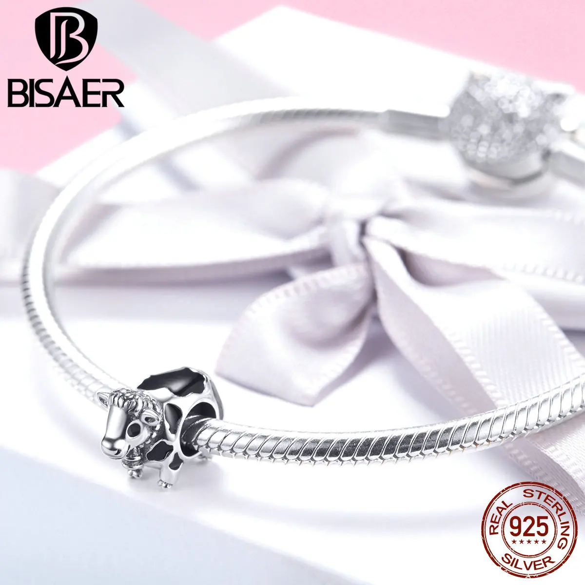 BISAER, 925 пробы, серебряный, черный и белый бык, корова, выберите муо, шарм, подходит для серебряного браслета, модное ювелирное изделие GXC1049