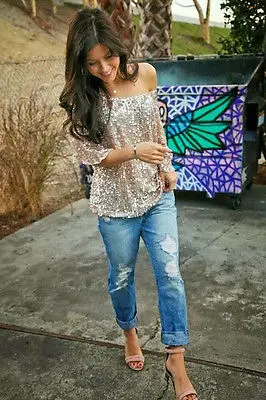 

Fashion Women Casual Blouses Bling off shoulder Shirts sexy sequin Mid-length tee Tops Half Sleeves blouse