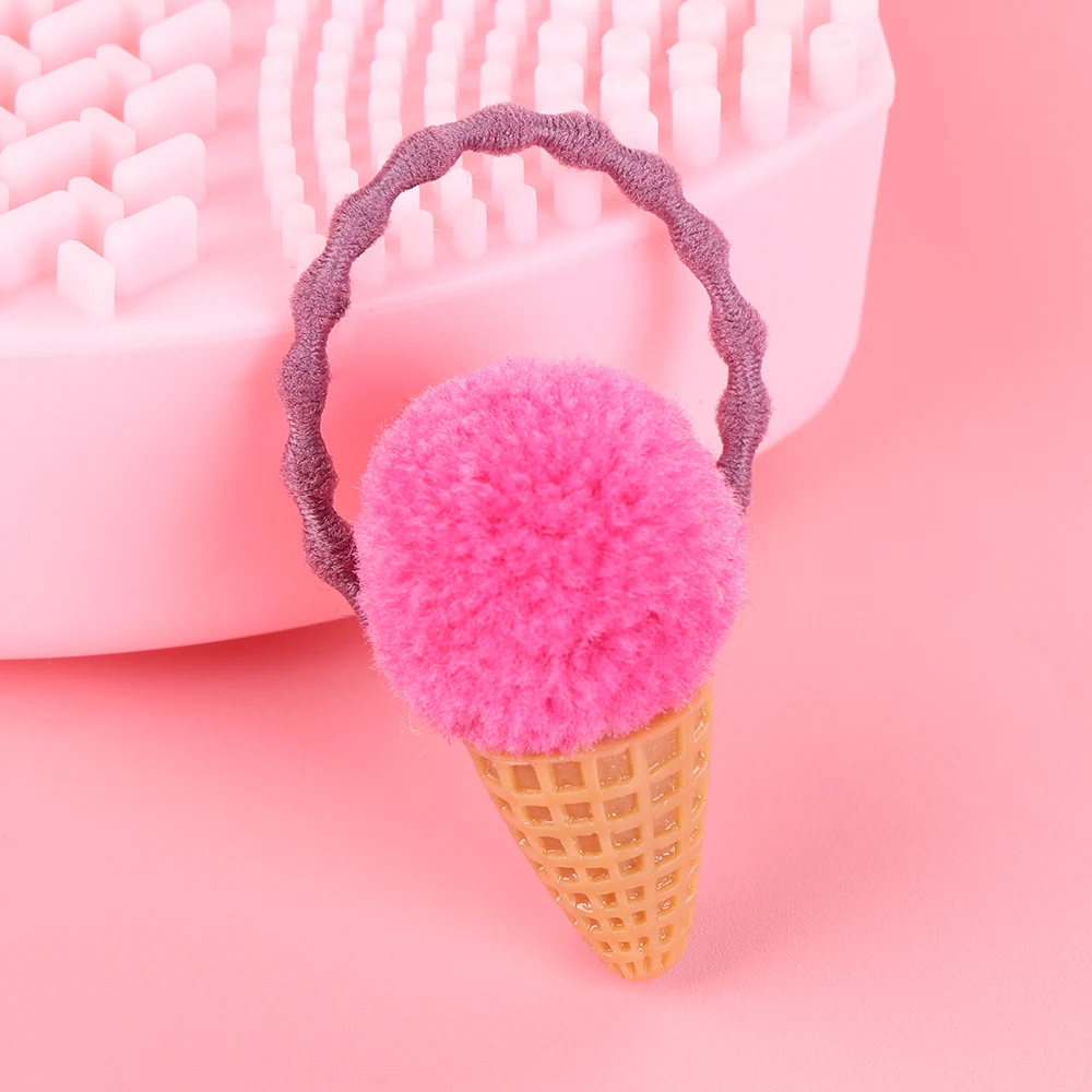 Fashion Kids Ice Cream Fluffy Pompom Girls Hair Ties Seamless Elastic Band Faux Fur Ponytail Holder Rope Headwear | Детская одежда и