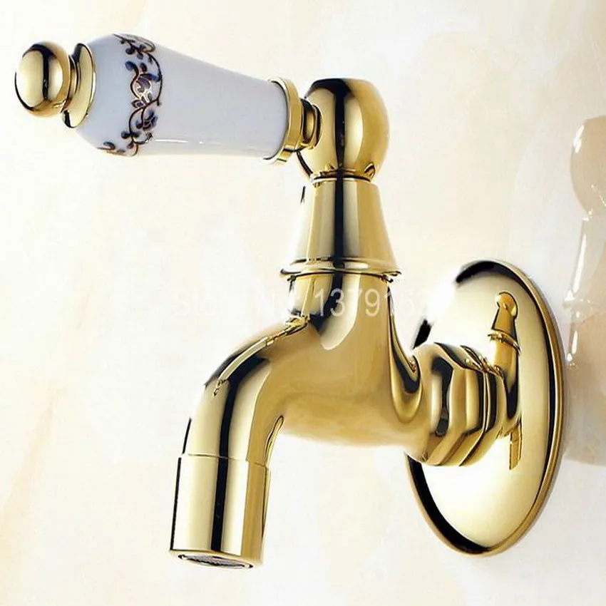

Luxury Gold Color Brass Ceramic Handle Flower Pattern Laundry Bathroom Wall Mounted Mop Water Tap Garden Faucet aav138