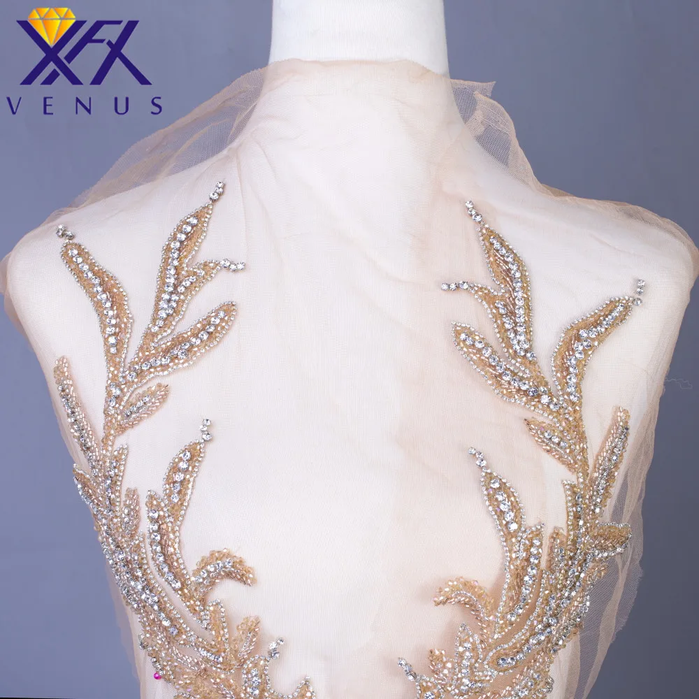 XFX 1 Piece Handmade Wedding Dress Evening Gown Rhinestone Crystal Patches Beads Trimming Beaded Applique for Party