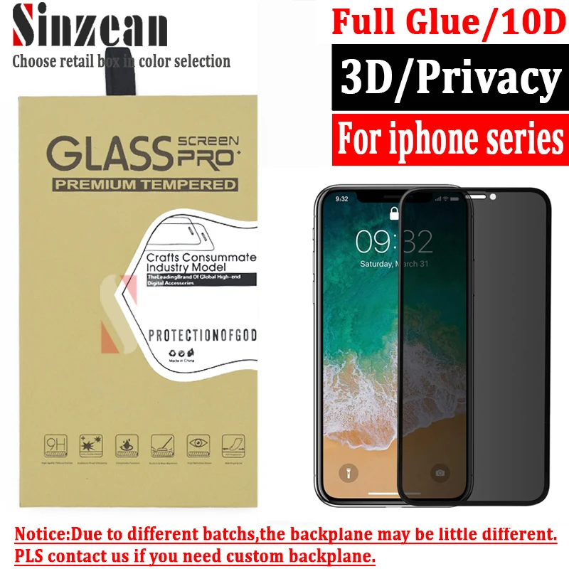 Sinzean 100 шт 10D Полное стекло для iPhone 11 pro max/Xs max/XR/8 plus/7 plus 3D закаленное защитное стекло