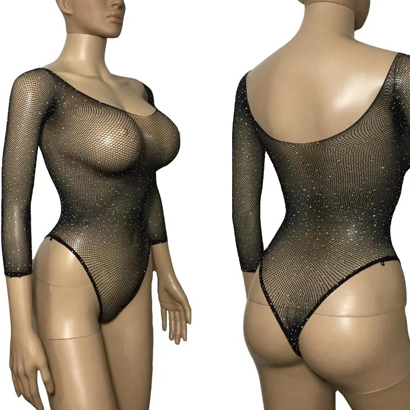 

Sexy Crystal Diamond Mesh Glitter Sheer Teddies Long Sleeve Skinny Leotard Bodysuit Underwear Lingerie