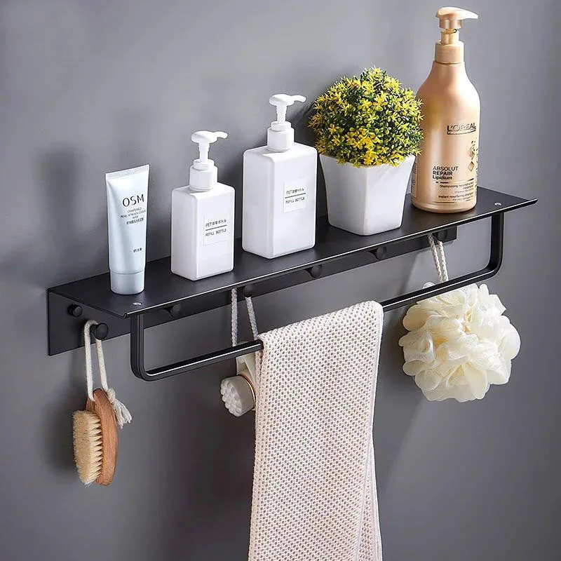 

Nail Free Space Aluminum Bathroom Shelf Black Bathroom Shelves Rack with Hooks Wall Mounted Corner Multifunction Shelf F