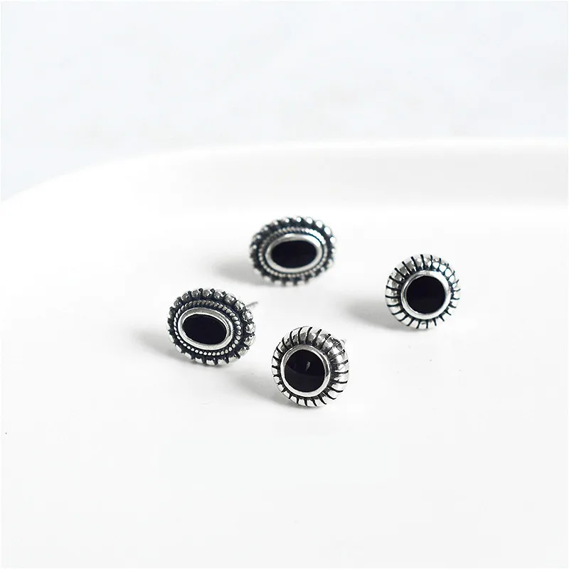 Овальные круглые черные эпоксидные серьги-гвоздики из 100% стерлингового серебра