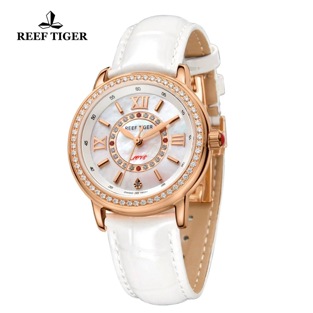 Женские кварцевые часы Reef Tiger/RT роскошные из розового золота с бриллиантами и