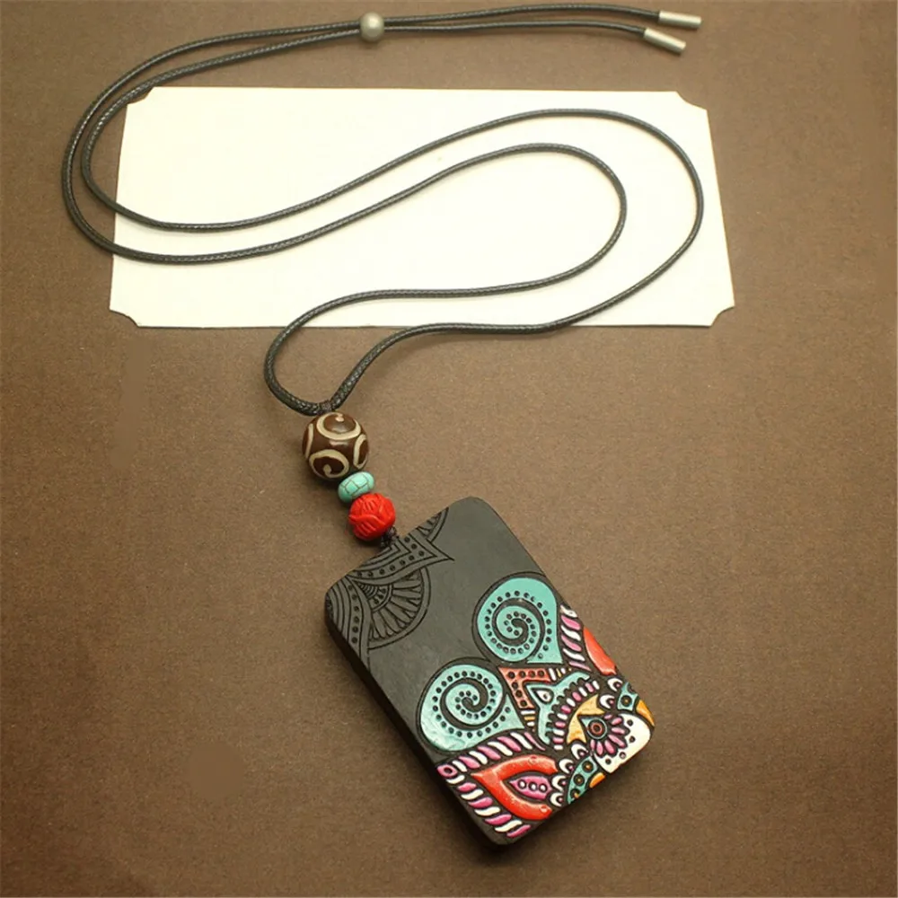 Black Sandalwood Hand-painted Necklace Tibetan Style Joker Personality Sweater Chain Men Women Antique High-end Safety Pendant |