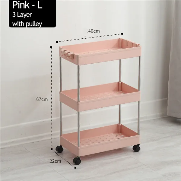 Pink L-3 Layer 2/3/4 Слои Gap Кухня стеллаж для хранения тонкий слайд башня подвижные собрать Пластик Ванная комната полка колеса Экономия пространства Организатор - Цвет: Pink L-3 Layer