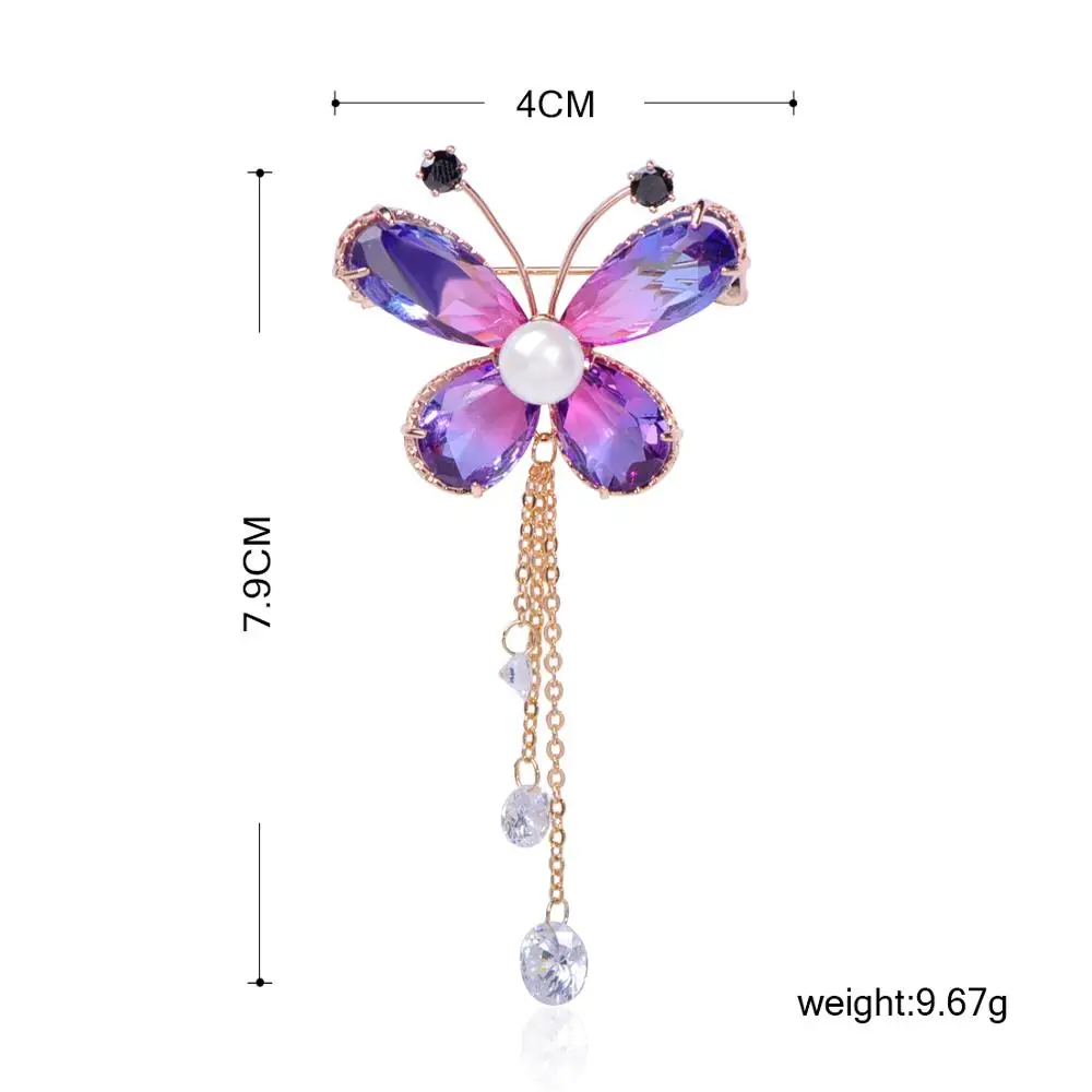 FUNMOR Изысканная синяя циркониевая брошь в форме бабочки булавки Длинная подвеска