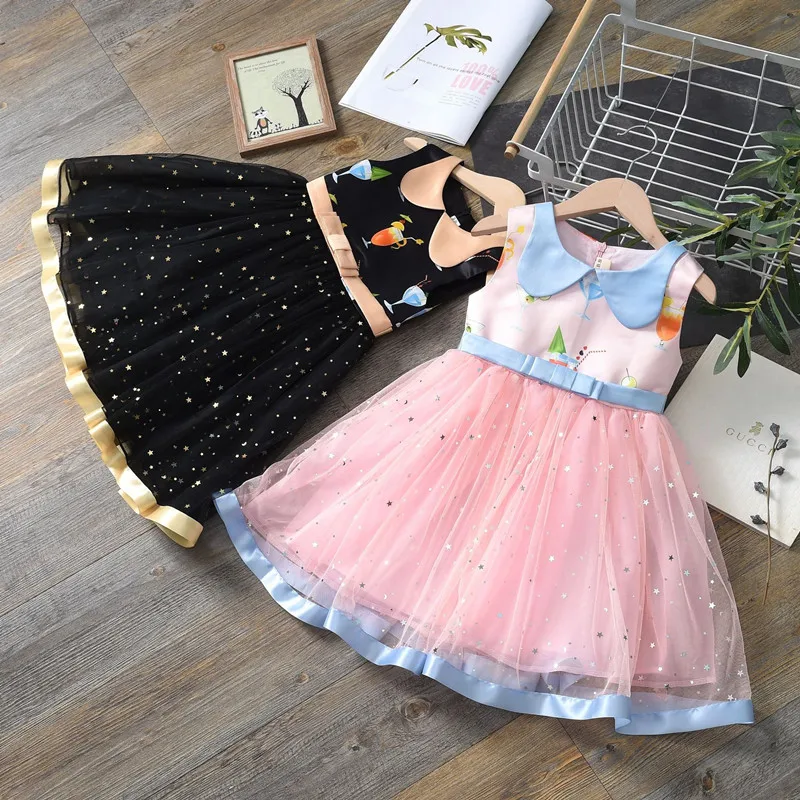 

2019 Summer Girls Sequin Print Dresses Fashion Kids Princess Sleeveless Dress Children Clothes Girls Birthday Party Mesh Dress