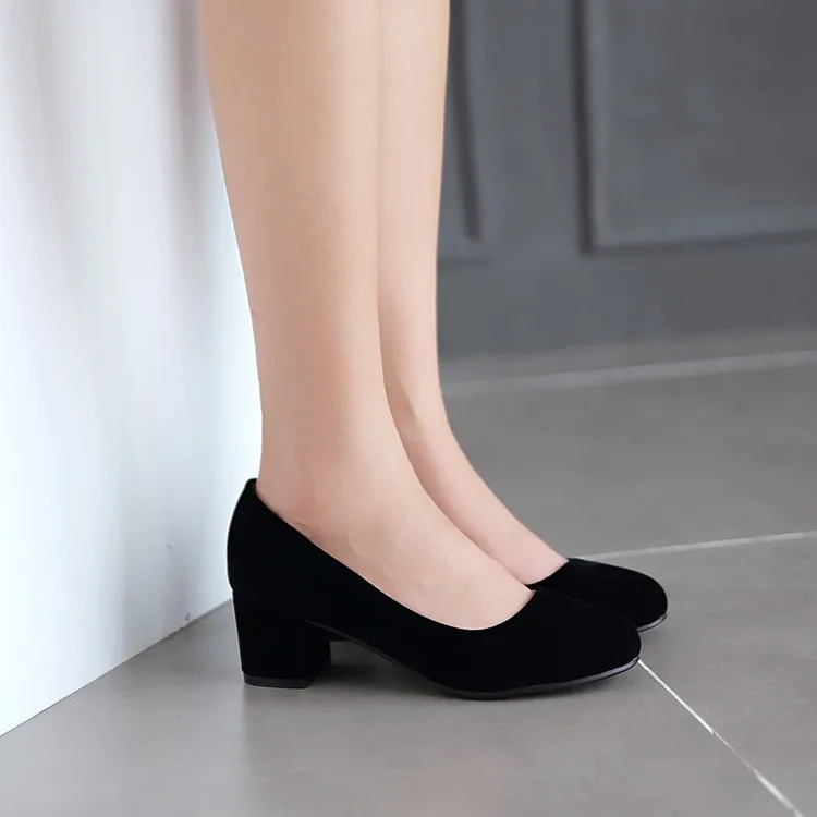 Black XJRHXJR/Размеры 33-43; женские туфли-лодочки в сдержанном стиле; Туфли на каблуке с круглым носком; однотонные офисные женские туфли-лодочки на толстом каблуке; вечерние, свадебные туфли - Цвет: Black