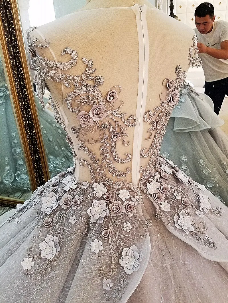 Real Photo 2017 Saudi Arabia Luxury Gray Lace Ball Gown Wedding Dress Vestido Vintage Bandage Plus Size Bridal Dresses | Свадьбы и