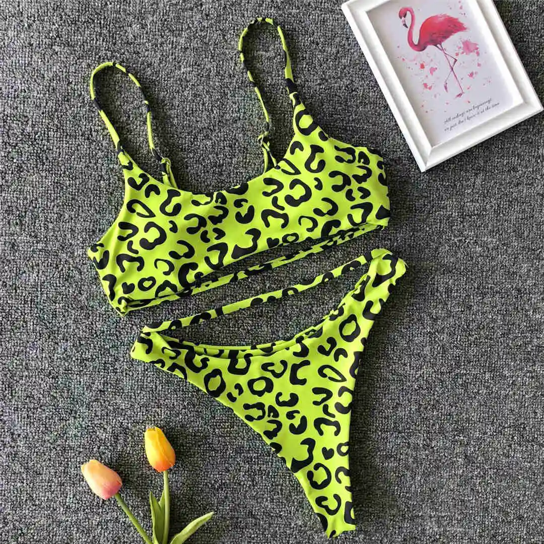 Green Leopard Красный Желтый леопардовый сексуальный спортивный бикини женский купальник Женская одежда для плавания комплект бикини из двух предметов купальный костюм V603R - Цвет: Green Leopard
